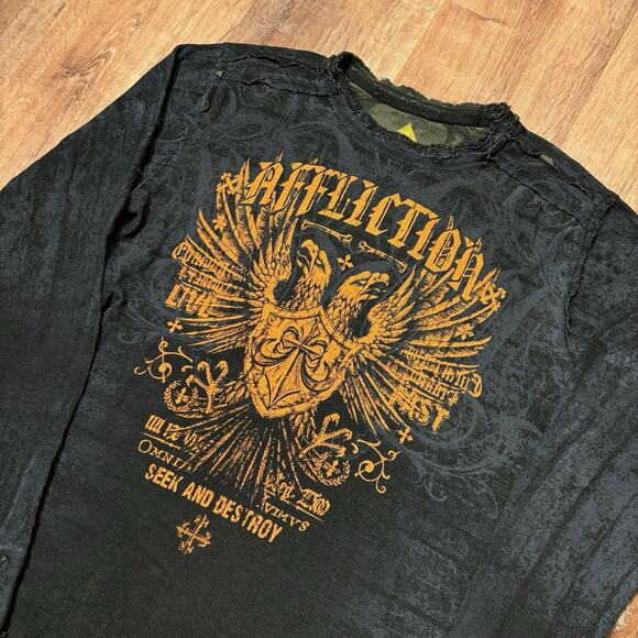 Vintage Affliction Thermal Shirt Reversible Y2K Long Sleeve Camo Black Mens 2XL - Picture 3 of 10